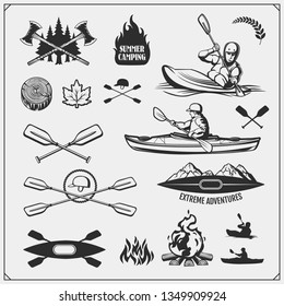 Kayak and canoe emblems, labels, badges and design elements. Vector set illustration. Print design for t-shirts.