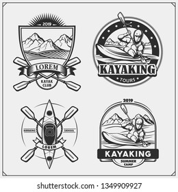 Kayak and canoe emblems, labels, badges and design elements. Vector set illustration. Print design for t-shirts.