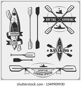 Kayak and canoe emblems, labels, badges and design elements. Vector set illustration. Print design for t-shirts.