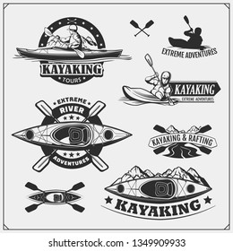 Kayak and canoe emblems, labels, badges and design elements. Vector set illustration. Print design for t-shirts.