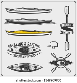 Kayak and canoe emblems, labels, badges and design elements. Vector set illustration. Print design for t-shirts.