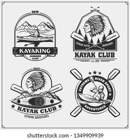 Kayak and canoe emblems, labels, badges and design elements. Vector set illustration. Print design for t-shirts.