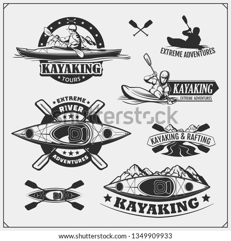 Kayak and canoe emblems, labels, badges and design elements. Vector set illustration. Print design for t-shirts.
