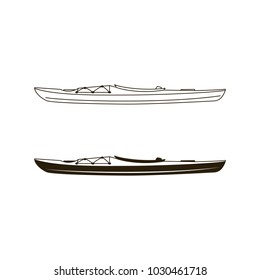 Kayak canoe icons in flat filled and line art style. Linear and silhouette styles pictograms. Stock vector illustration isolated on white background.