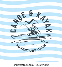 Kayak and canoe logo on wave blue background. T-shirt printing poster.