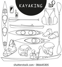 Kayak, canoe, paddle, shoes, life jacket, canoe, GPS, compass. Vector illustration