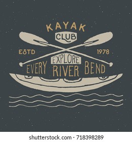 Kayak and canoe vintage label, Hand drawn sketch, grunge textured retro badge, typography design t-shirt print, vector illustration.