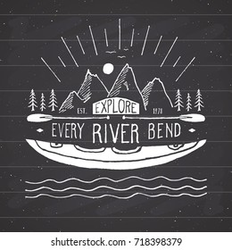 Kayak and canoe vintage label, Hand drawn sketch, grunge textured retro badge, typography design t-shirt print, vector illustration on chalkboard background.