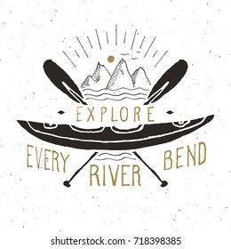 Kayak and canoe vintage label, Hand drawn sketch, grunge textured retro badge, typography design t-shirt print, vector illustration.