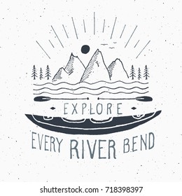 Kayak and canoe vintage label, Hand drawn sketch, grunge textured retro badge, typography design t-shirt print, vector illustration.