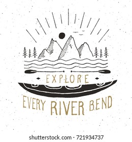 Kayak and canoe vintage label, Hand drawn sketch, grunge textured retro badge, typography design t-shirt print, vector illustration.