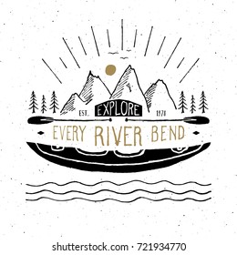 Kayak and canoe vintage label, Hand drawn sketch, grunge textured retro badge, typography design t-shirt print, vector illustration.