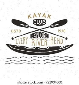 Kayak and canoe vintage label, Hand drawn sketch, grunge textured retro badge, typography design t-shirt print, vector illustration.