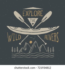 Kayak and canoe vintage label, Hand drawn sketch, grunge textured retro badge, typography design t-shirt print, vector illustration.