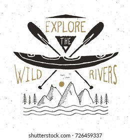 Kayak and canoe vintage label, Hand drawn sketch, grunge textured retro badge, typography design t-shirt print, vector illustration.
