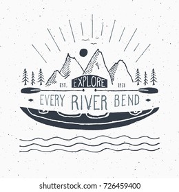 Kayak and canoe vintage label, Hand drawn sketch, grunge textured retro badge, typography design t-shirt print, vector illustration.