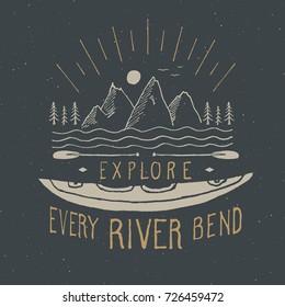 Kayak and canoe vintage label, Hand drawn sketch, grunge textured retro badge, typography design t-shirt print, vector illustration.