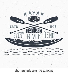 Kayak and canoe vintage label, Hand drawn sketch, grunge textured retro badge, typography design t-shirt print, vector illustration.