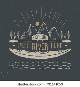 Kayak and canoe vintage label, Hand drawn sketch, grunge textured retro badge, typography design t-shirt print, vector illustration.