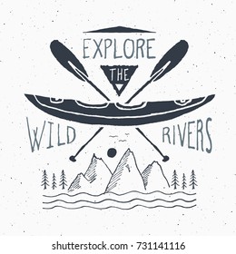 Kayak and canoe vintage label, Hand drawn sketch, grunge textured retro badge, typography design t-shirt print, vector illustration.