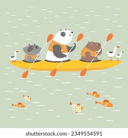 Kayak with capybara, panda and raccoon. Children wallpaper vector illustration.