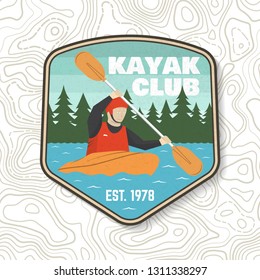 Kayak club patch. Vector illustration. Concept for shirt, print, stamp or tee. Vintage typography design with kayaker silhouette. Extreme water sport. Outdoor adventure emblems, kayak patches.