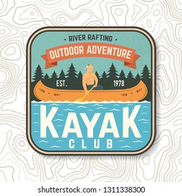 Kayak club patch. Vector illustration. Concept for shirt, print, stamp or tee. Vintage typography design with kayaker silhouette. Extreme water sport. Outdoor adventure emblems, kayak patches.