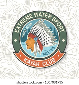 Kayak club. Vector. Concept for patch, badge, shirt, print, stamp or tee. Vintage typography design with american indian silhouette. Extreme water sport. Outdoor adventure emblems, kayak patches.