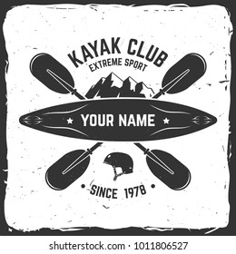 Kayak Club. Vector illustration. Concept for shirt, print, stamp or tee. Vintage typography design with mountain, helmet and boat silhouette. Extreme sport.