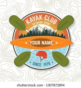 Kayak Club. Vector illustration. Concept for patch, shirt, print, stamp or tee. Vintage typography design with mountain, helmet and boat silhouette. Extreme water sport kayak patches