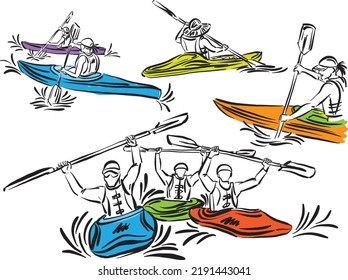 kayak extreme sport people stroke brush vector illustration