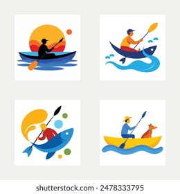 Kayak fishing fish Vector Illustrations Bundle