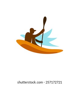 Kayak fishing logo. Kayaking man silhouette with paddle up.