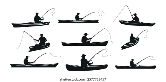 Kayak fishing man fisher catch fish black silhouette icon set vector flat illustration. Male figure enjoy recreational hobby sitting with rod on vessel at water pond sea river