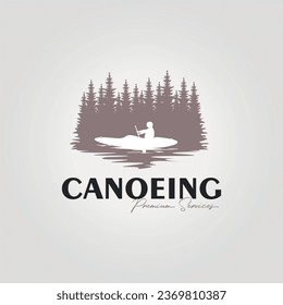 kayak in the forest logo, illustration design of a man rafting on a lake, canoe icon vector