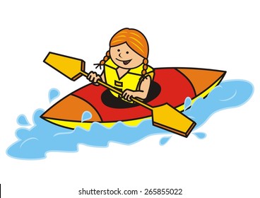 kayak, girl, vector color illustration