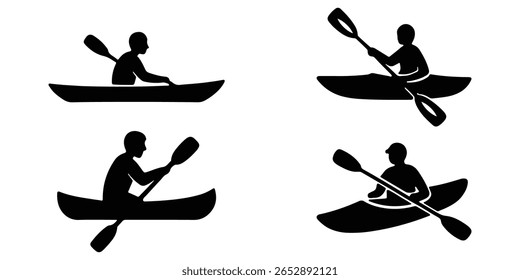Kayak icons collection pack in flat silhouette style for graphic design.
