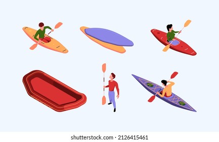 Kayak isometric. Sport rafting adventure travelling outdoor extreme lifestyle canoe boat water vessel garish vector template of kayak