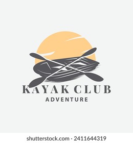 Kayak logo canoe paddle wild adventure river design vector illustration vintage style