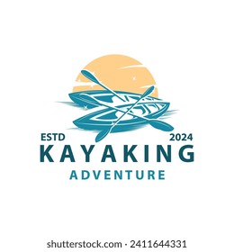 Kayak logo canoe paddle wild adventure river design vector illustration vintage style