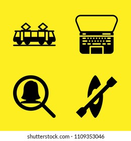 kayak, macbook, magnifying glass and tram vector icon set. Sample icons set for web and graphic design
