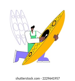 Kayak maintenance and repair isolated cartoon vector illustrations. Kayak owner doing repair, rental business, tourism, outdoor sport equipment, boat maintenance service vector cartoon.