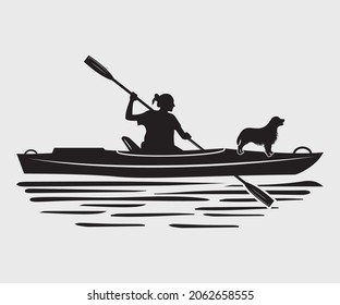 Ilustración de vectores impresas de kayak man y dog. vector de siluetas de perro y hombre kayak. Juego de kayak hombre y vector de diseño de perro	