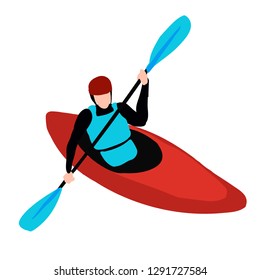 Kayak man isolated on white background, kayaking flat vector illustration