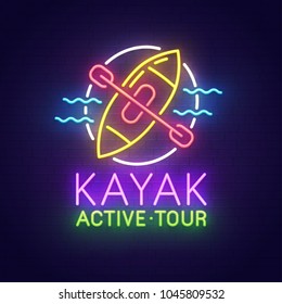 Kayak neon sign, bright signboard, light banner. Kayak and rafting logo, emblem. Vector illustration