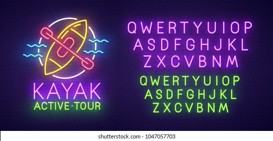 Kayak neon sign, bright signboard, light banner. Kayak and rafting logo, emblem and label. Neon text edit