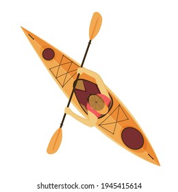 Kayak for outdoors activities, fishing. Kayak with man sitting inside with paddle. Vector illustration