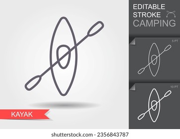 Kayak. Outline icon with editable stroke. Linear symbol of camping with shadow.