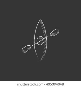 Kayak with paddle. Drawn in chalk icon.