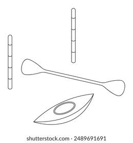 Kayak, remo y puerta para la disciplina de slalom. Boceto. Conjunto de Ilustraciones vectoriales. Equipamiento para deportes acuáticos. Piragüismo Fondo aislado. 